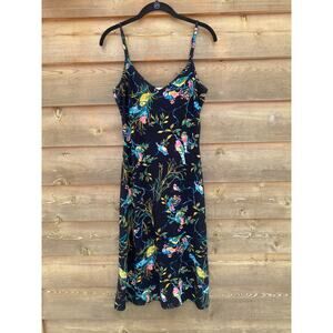 Leota black with bright colorful bird sleeveless 90's style midi dress